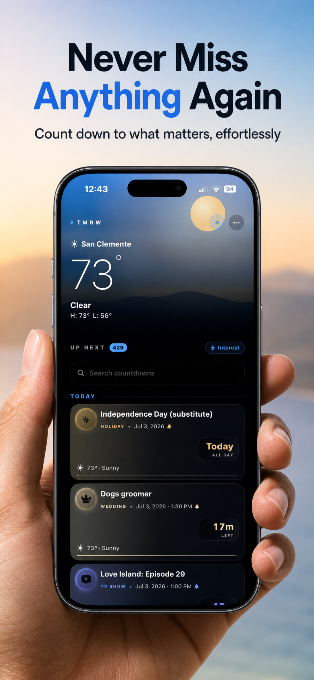 TMRW countdown app — main screen with weather