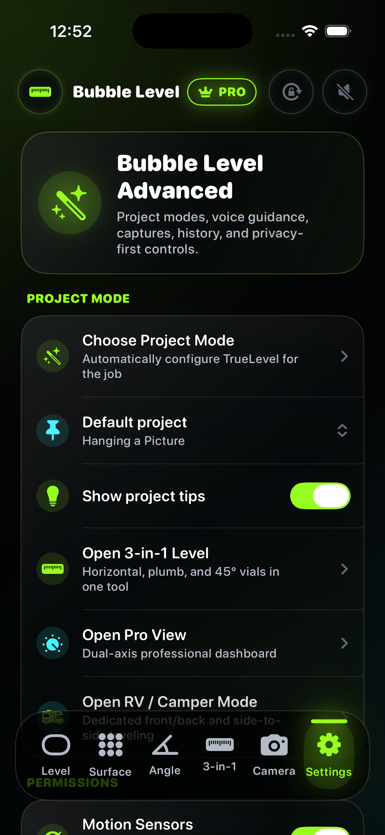 Bubble Level AI — settings and project modes